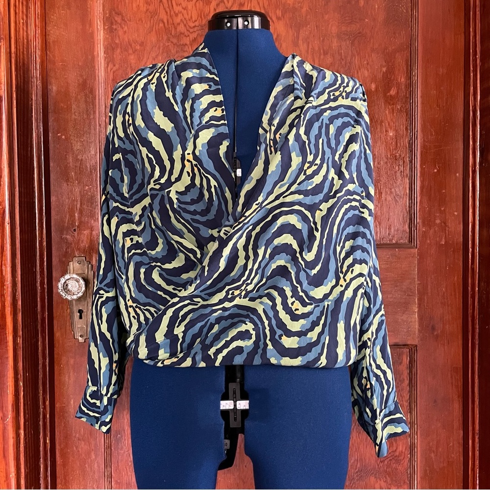 Amanda Uprichard Silk Wrap Blouse | Size S | Blue and Green